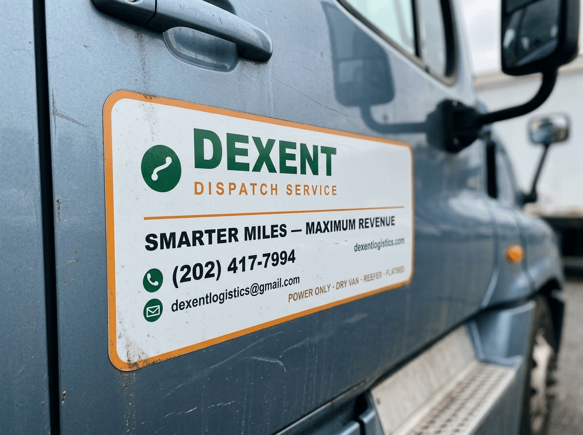 Dexent sticker applied to the door of a semi-truck cab